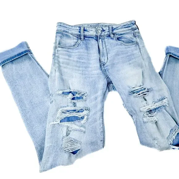 American Eagle Light Wash Distressed High Rise Jeggings- 8 Extra Long - Picture 5 of 6